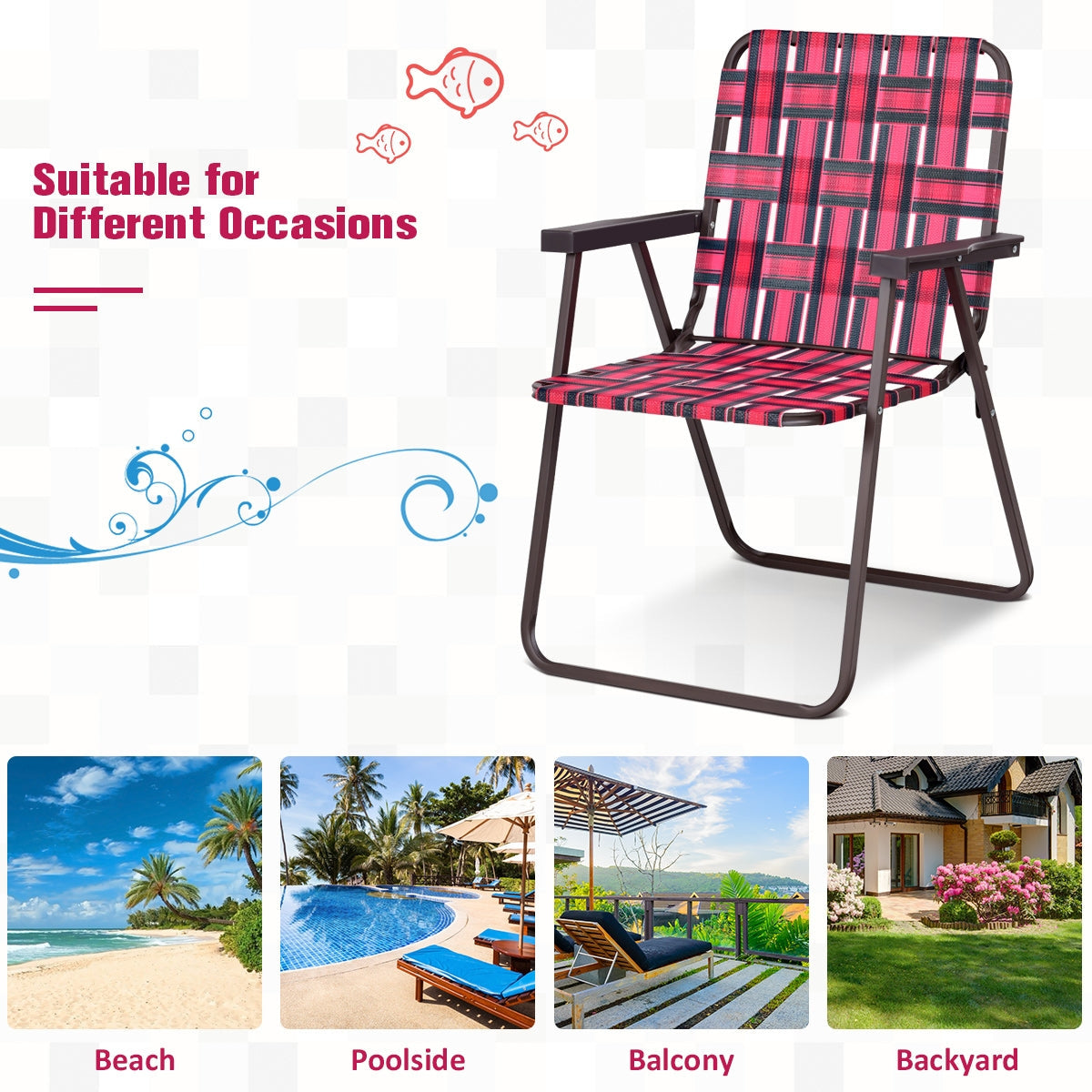 Folding beach chair with pink and red striped webbing and metal frame on Tampa Home & Garden Store