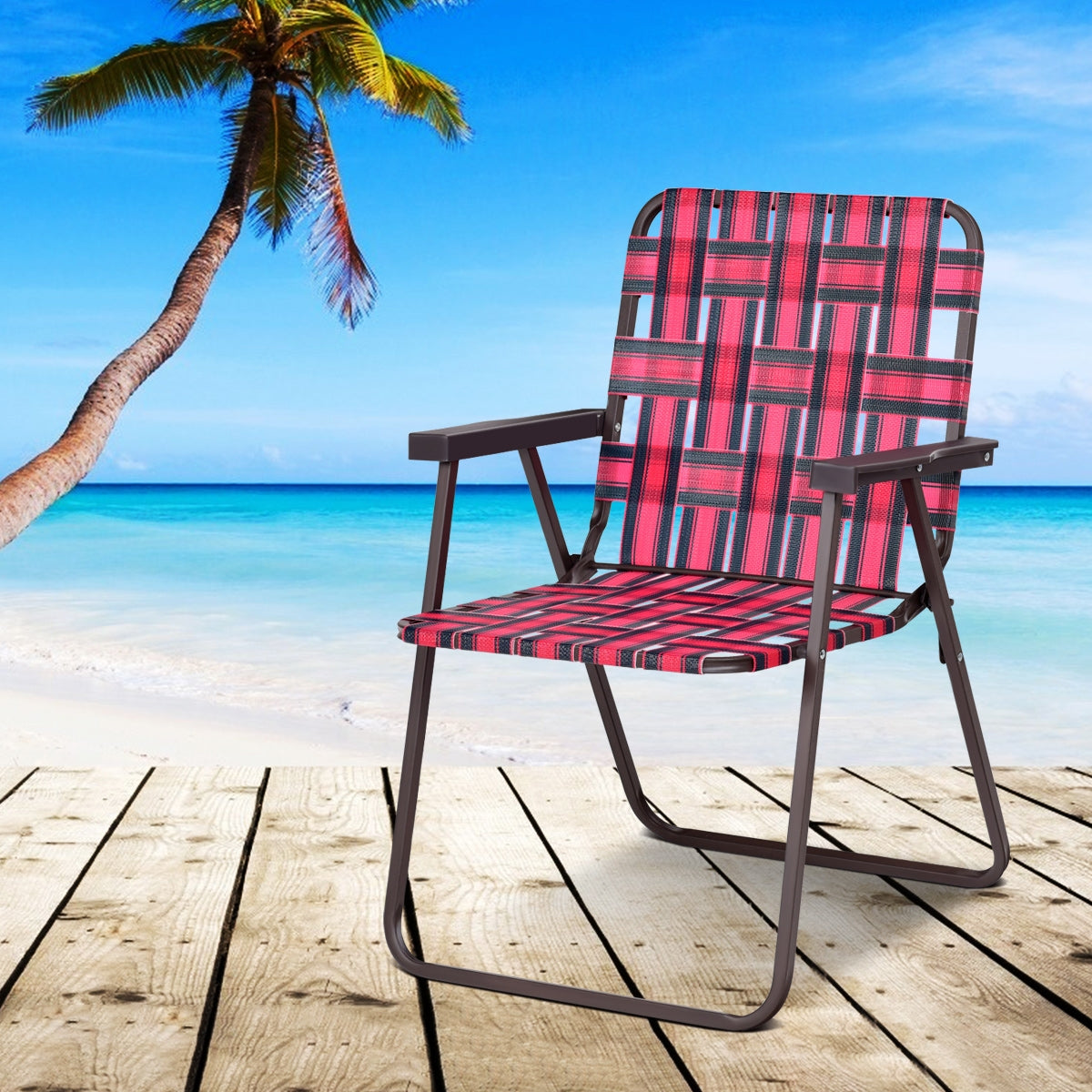 GemGear folding beach chair in red striped webbing with dark frame on beach scene on Tampa Home & Garden Store