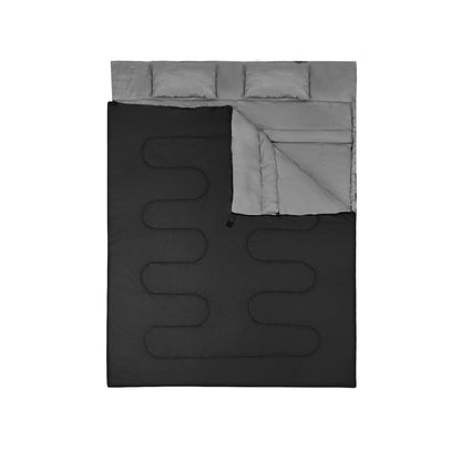 GemGear 2-person waterproof sleeping bag with two pillows, black exterior with grey interior on Tampa Home & Garden Store