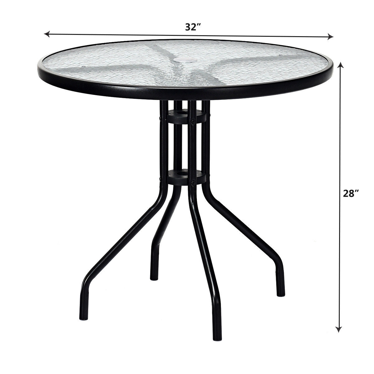 Mesa Redonda para Patio Exterior de 32 Pulgadas con Tapa de Vidrio Templado y Agujero para Sombrilla