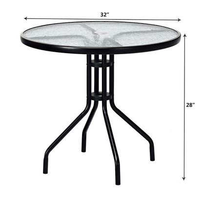 Mesa Redonda para Patio Exterior de 32 Pulgadas con Tapa de Vidrio Templado y Agujero para Sombrilla