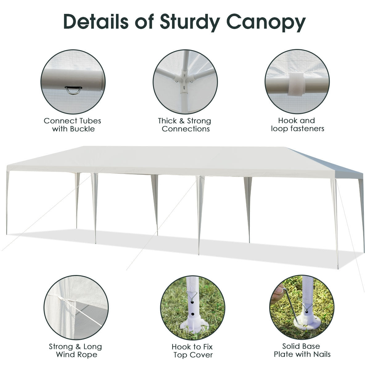 GemGear 10x30 ft white gazebo canopy with sturdy frame, connection stakes and wind ropes on Tampa Home & Garden Store