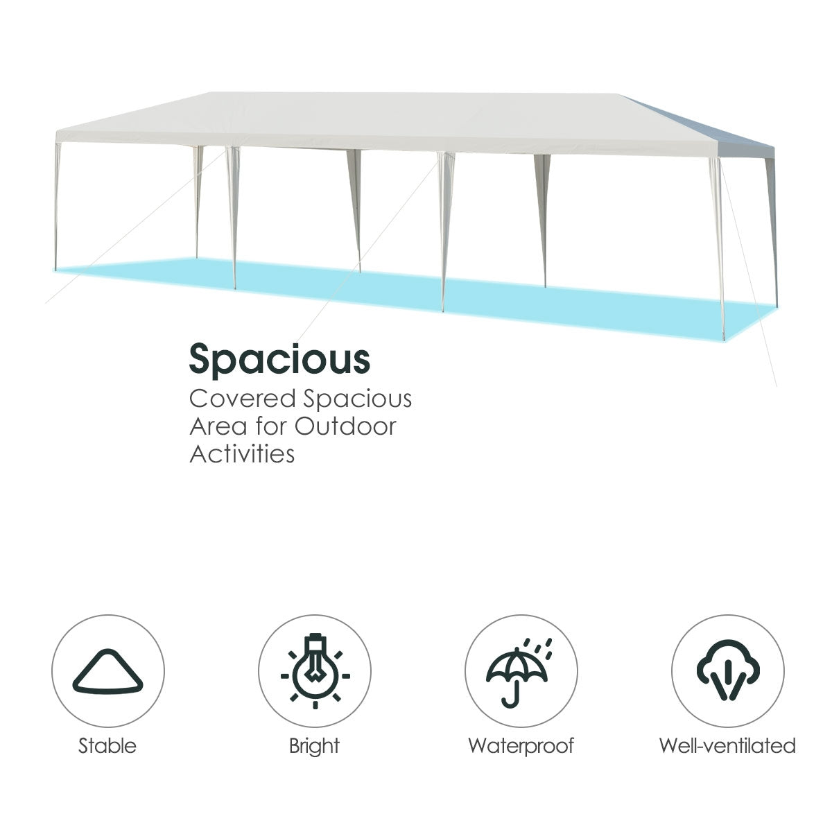 GemGear 10 x 30 ft canopy gazebo with stakes and wind ropes, white, spacious outdoor shade on Tampa Home & Garden Store