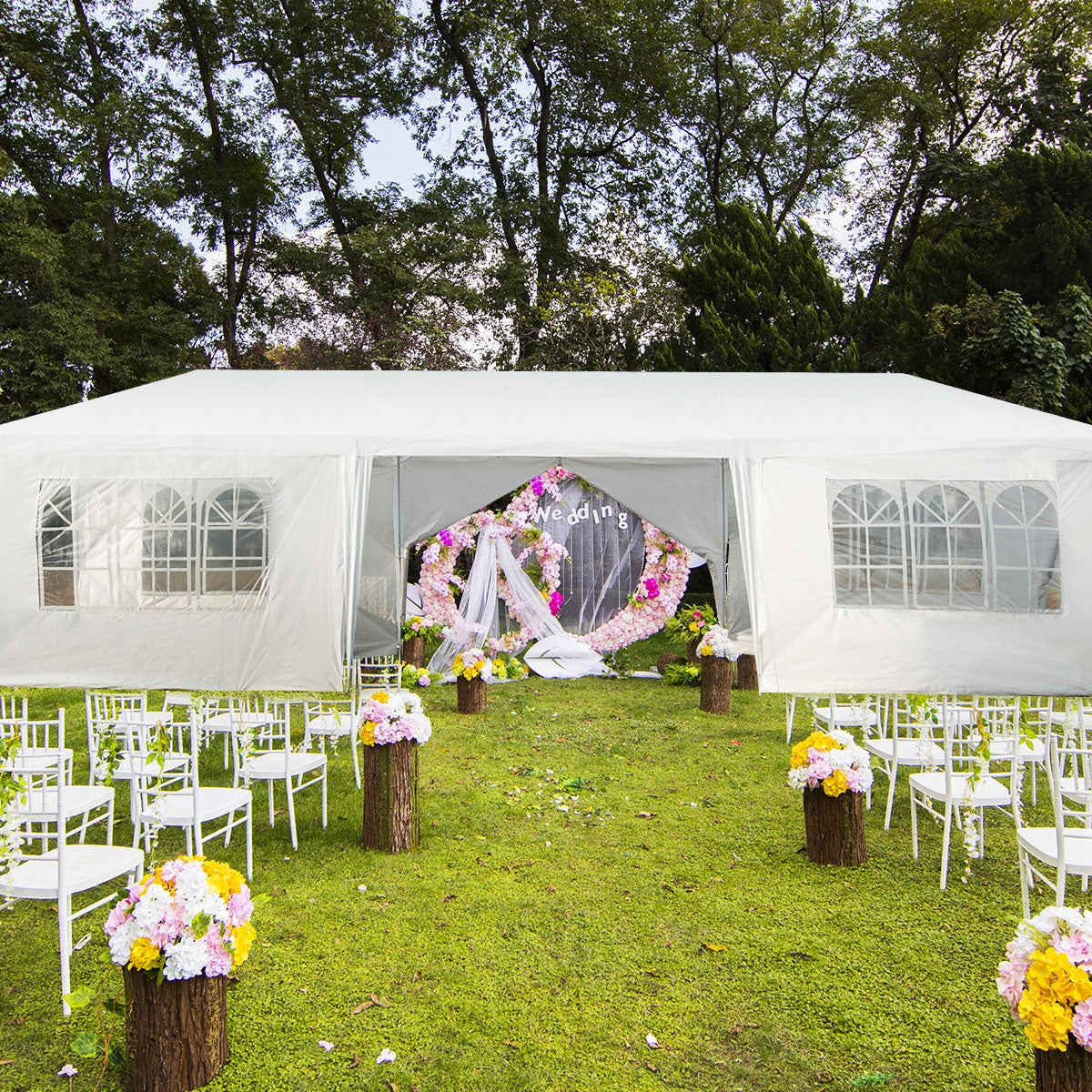 GemGear 10x30 ft white outdoor canopy tent with 6 removable sidewalls and 2 doorways on Tampa Home & Garden Store