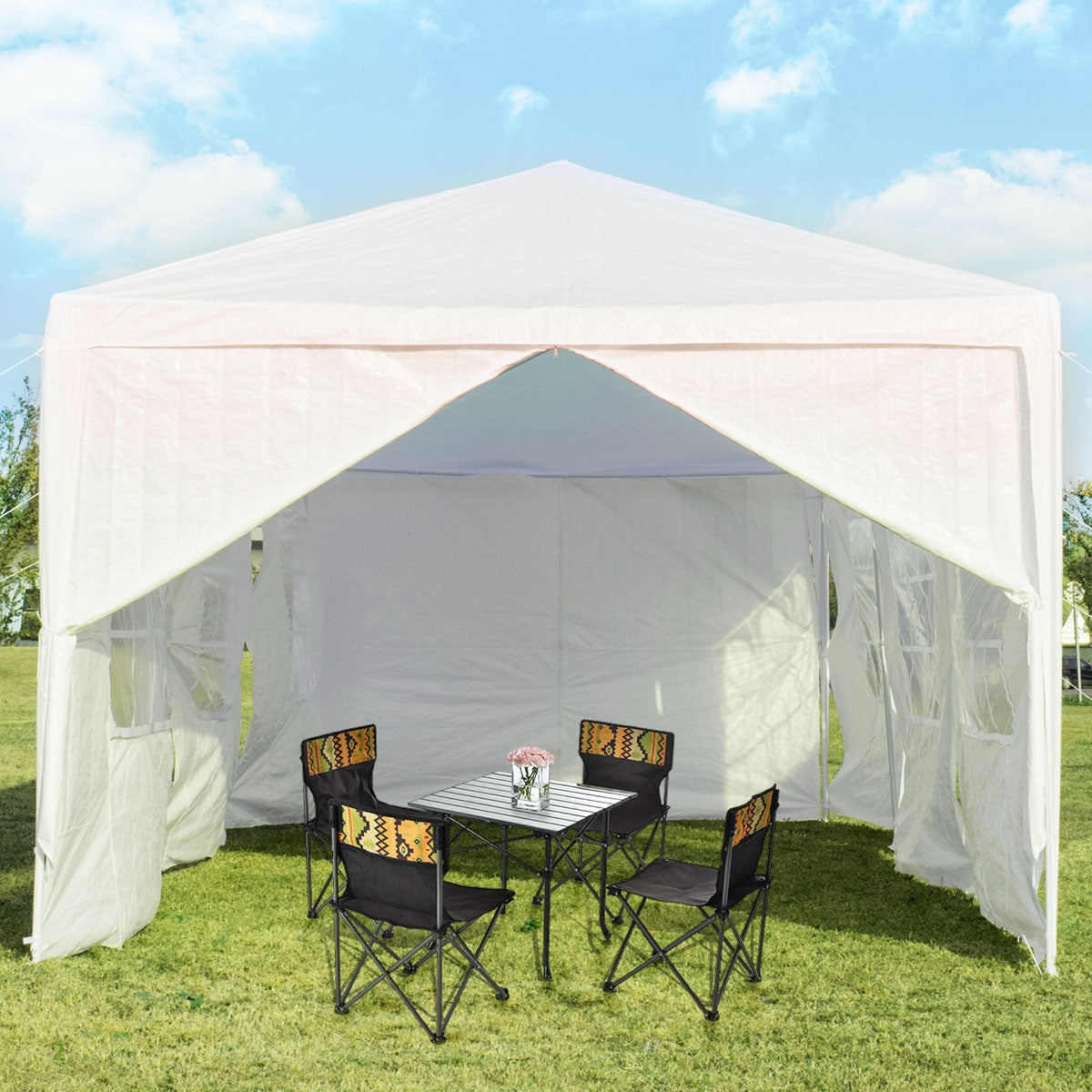 GemGear 10 x 30 Feet outdoor canopy tent with 6 removable sidewalls and 2 doorways, lawn setup on Tampa Home & Garden Store