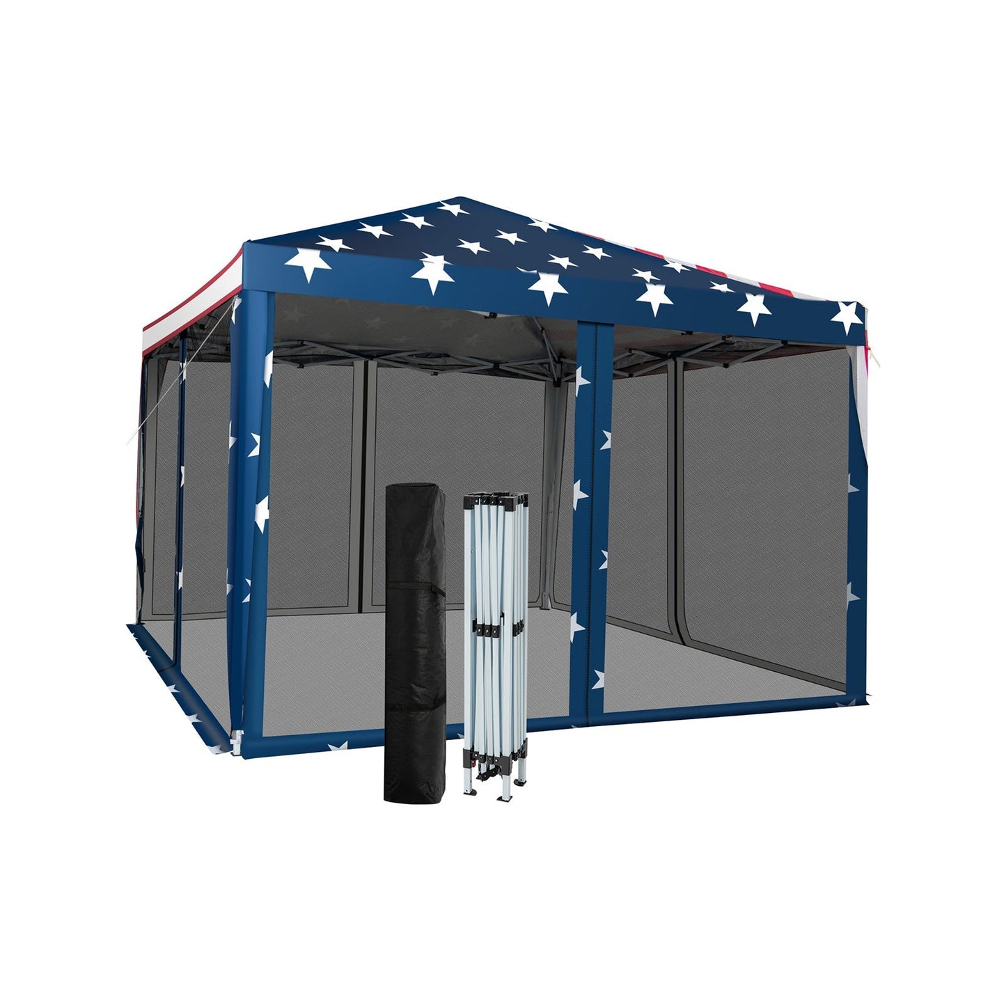 GemGear 10 ft x 10 ft pop-up canopy tent with patriotic blue panels, white stars, mesh sides on Tampa Home & Garden Store