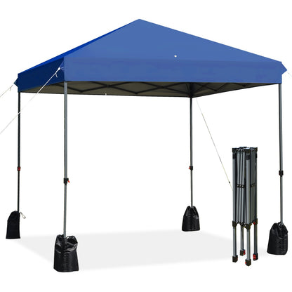 GemGear 8x8 blue pop-up canopy tent with roller bag, stabilized with guy lines and weight bags on Tampa Home & Garden Store