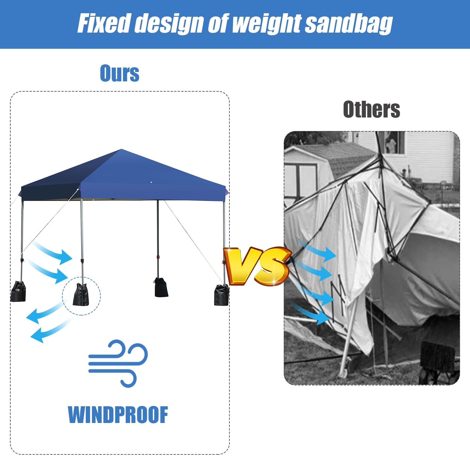 GemGear 8x8 ft blue outdoor pop-up canopy tent with roller bag and four sandbag weights on Tampa Home & Garden Store