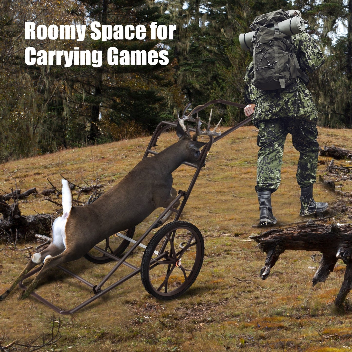 Larger Capacity Folding Deer Game Cart brown metal frame hauling a deer with hunter in camouflage gear on Tampa Home & Garden Store