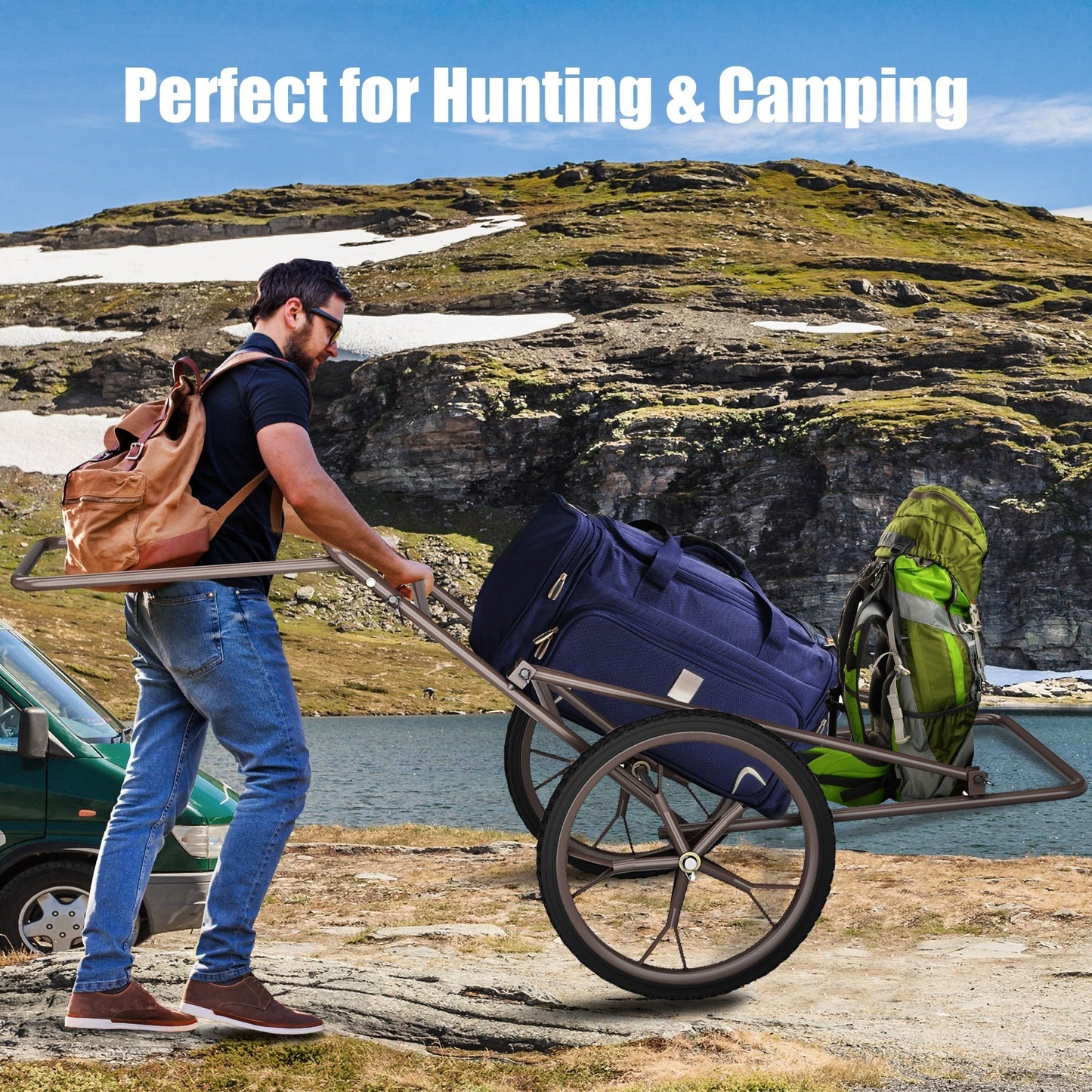 Larger Capacity Folding Deer Game Cart with blue duffel and green pack on camping terrain on Tampa Home & Garden Store