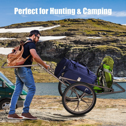 Larger Capacity Folding Deer Game Cart with blue duffel and green pack on camping terrain on Tampa Home & Garden Store