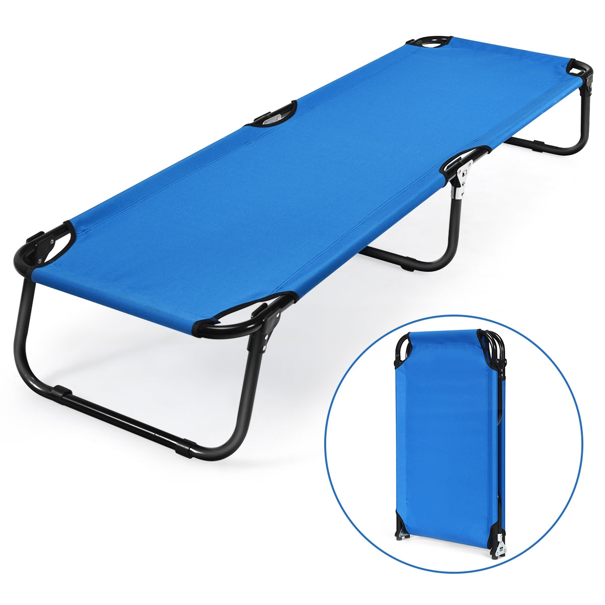 Outdoor folding camping bed blue fabric with black frame that folds flat for travel on Tampa Home & Garden Store