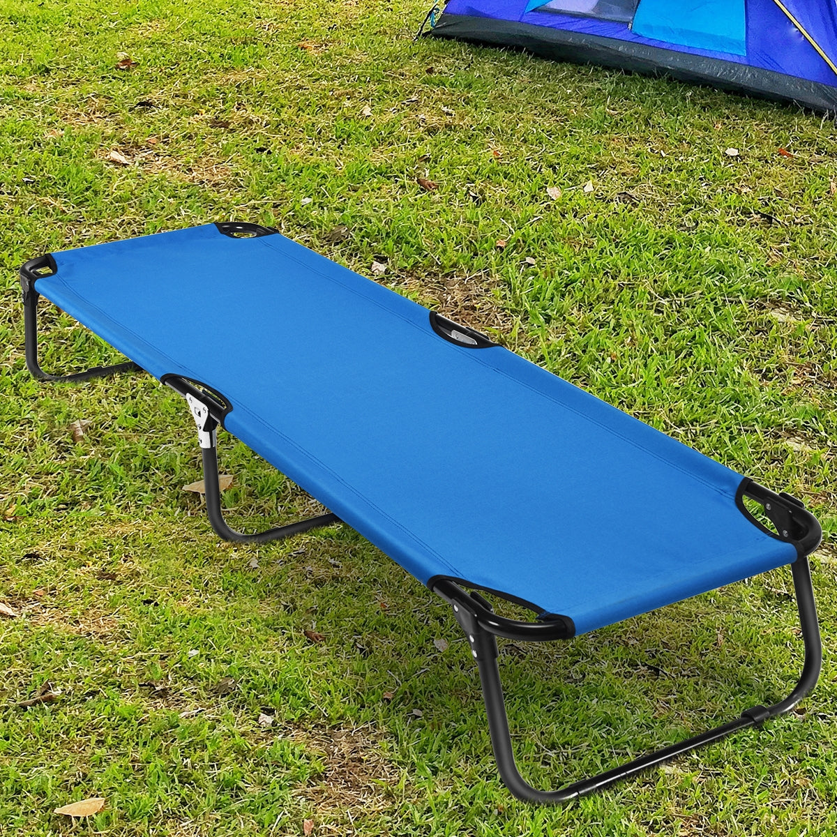 GemGear outdoor folding camping bed cot in blue fabric with black frame on grass on Tampa Home & Garden Store