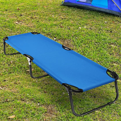 GemGear outdoor folding camping bed cot in blue fabric with black frame on grass on Tampa Home & Garden Store