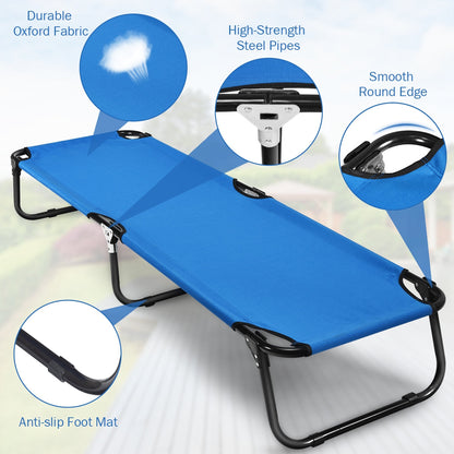 Outdoor folding camping cot in blue with Oxford fabric and anti-slip feet on Tampa Home & Garden Store