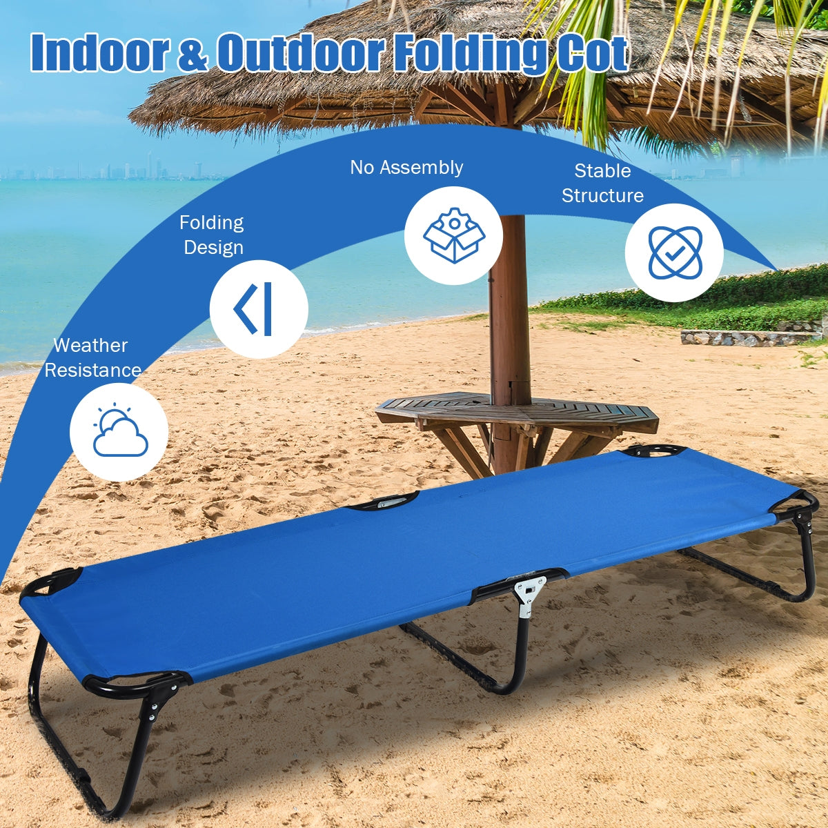 GemGear blue outdoor folding camping cot on a sunny beach on Tampa Home & Garden Store