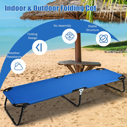 GemGear blue outdoor folding camping cot on a sunny beach on Tampa Home & Garden Store