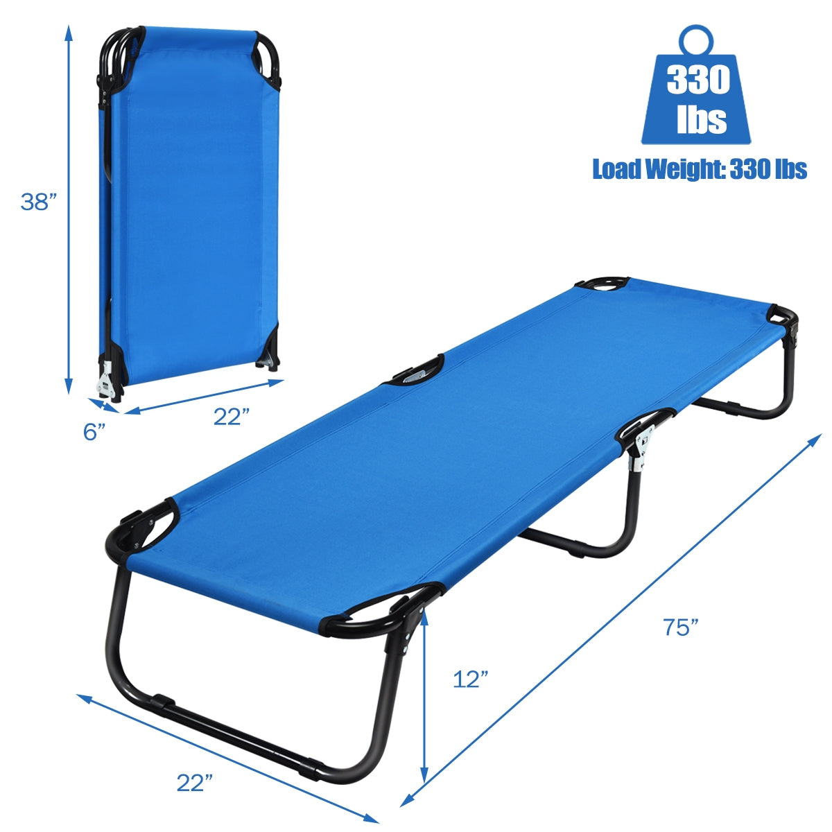 GemGear blue outdoor folding camping cot bed 75in long, 330 lb capacity on Tampa Home & Garden Store