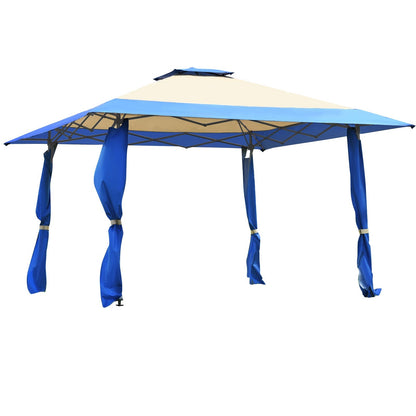 13x13 ft pop up canopy tent by GemGear with beige top and blue side panels folding frame on Tampa Home & Garden Store