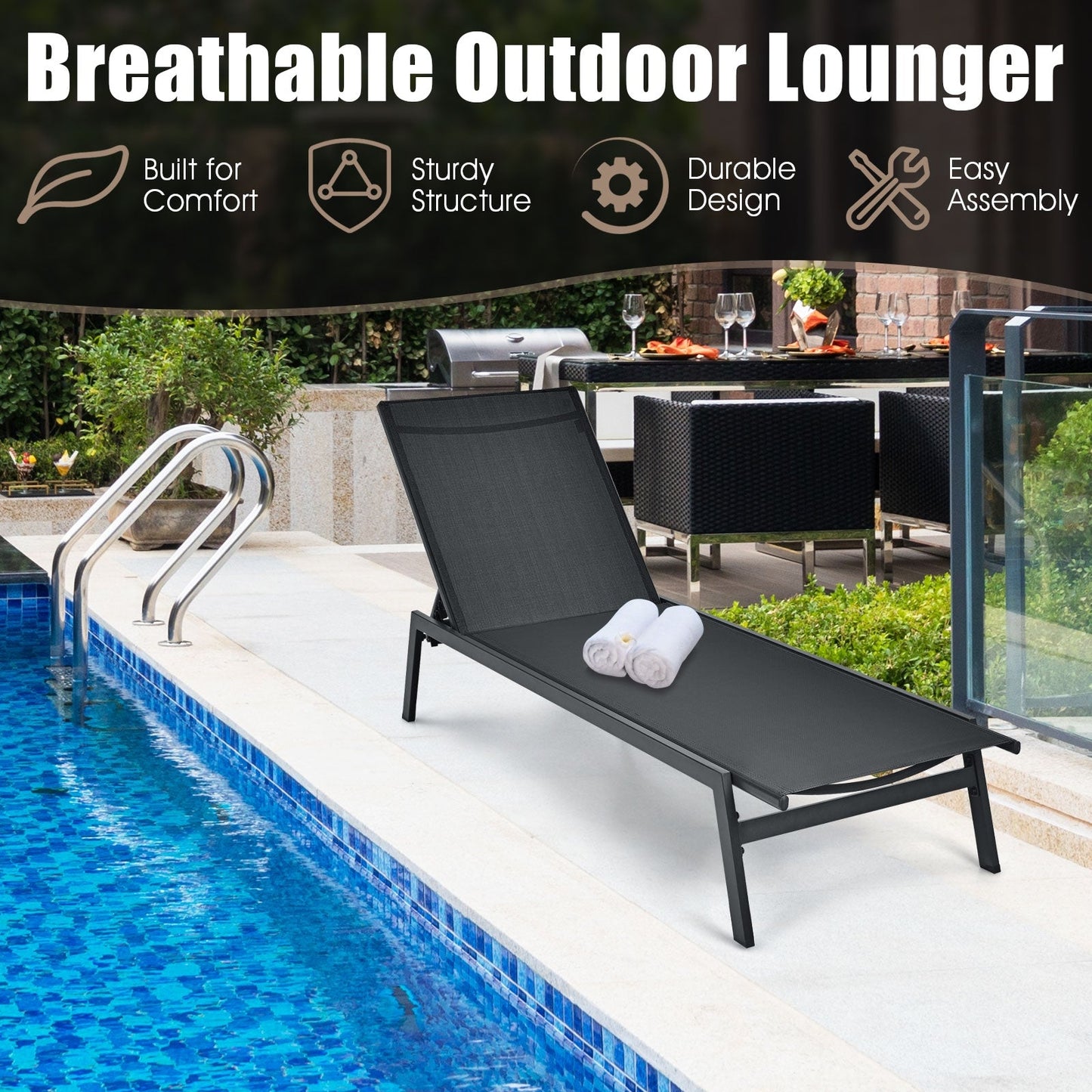 Tumbona reclinable de exterior con respaldo ajustable en 6 posiciones - Negra