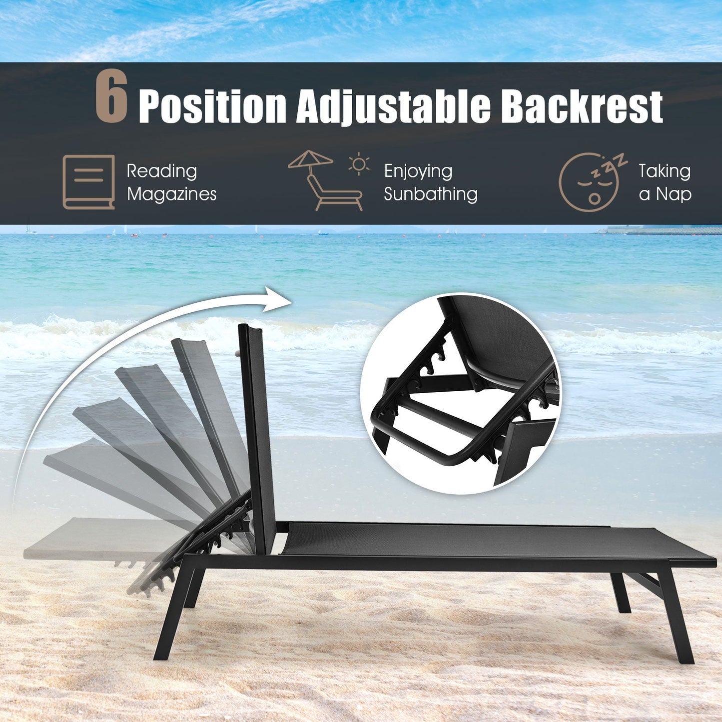 Tumbona reclinable de exterior con respaldo ajustable en 6 posiciones - Negra