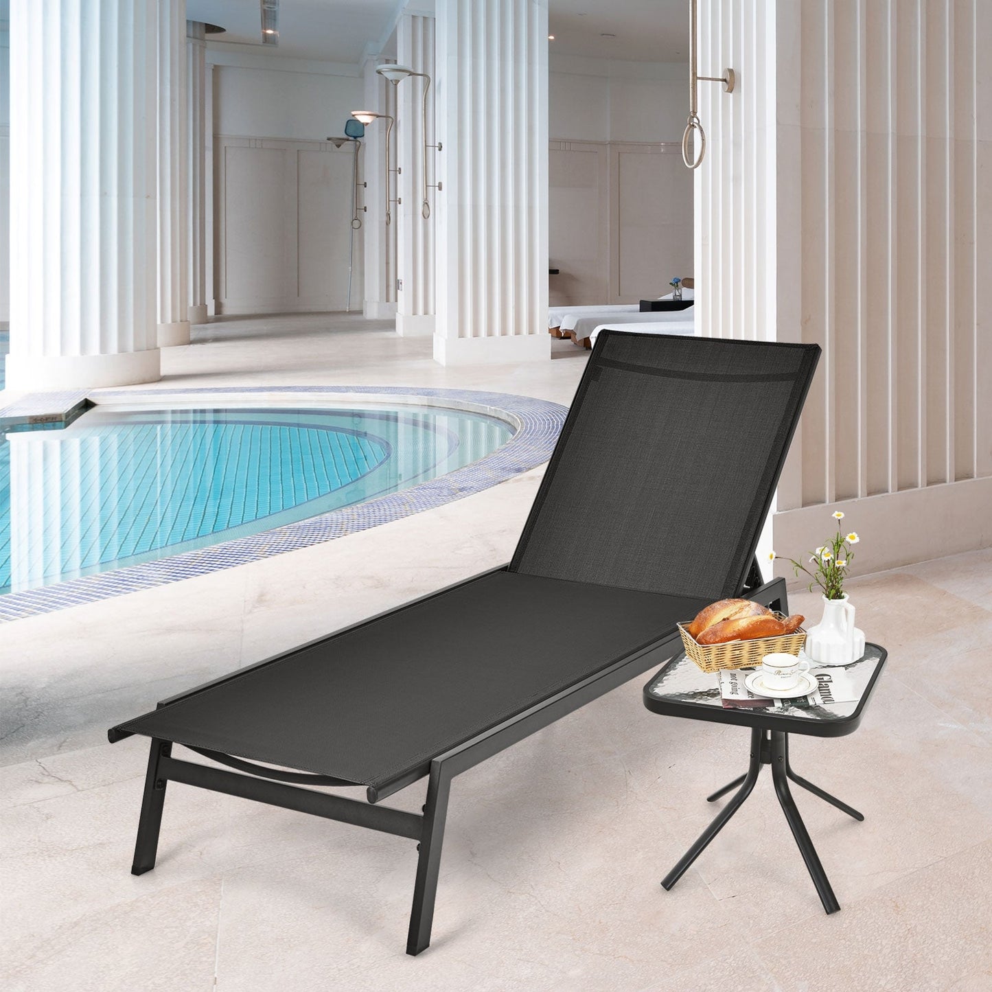 Tumbona reclinable de exterior con respaldo ajustable en 6 posiciones - Negra