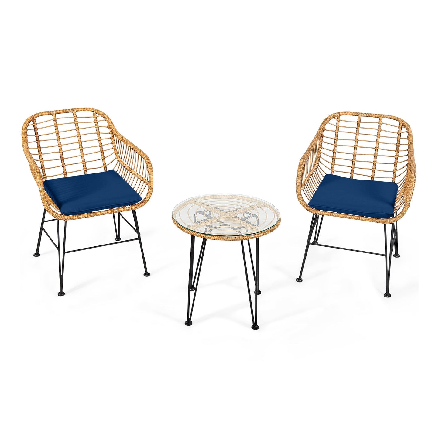3 Pieces Rattan Furniture Set with Cushioned Chair Table-Black