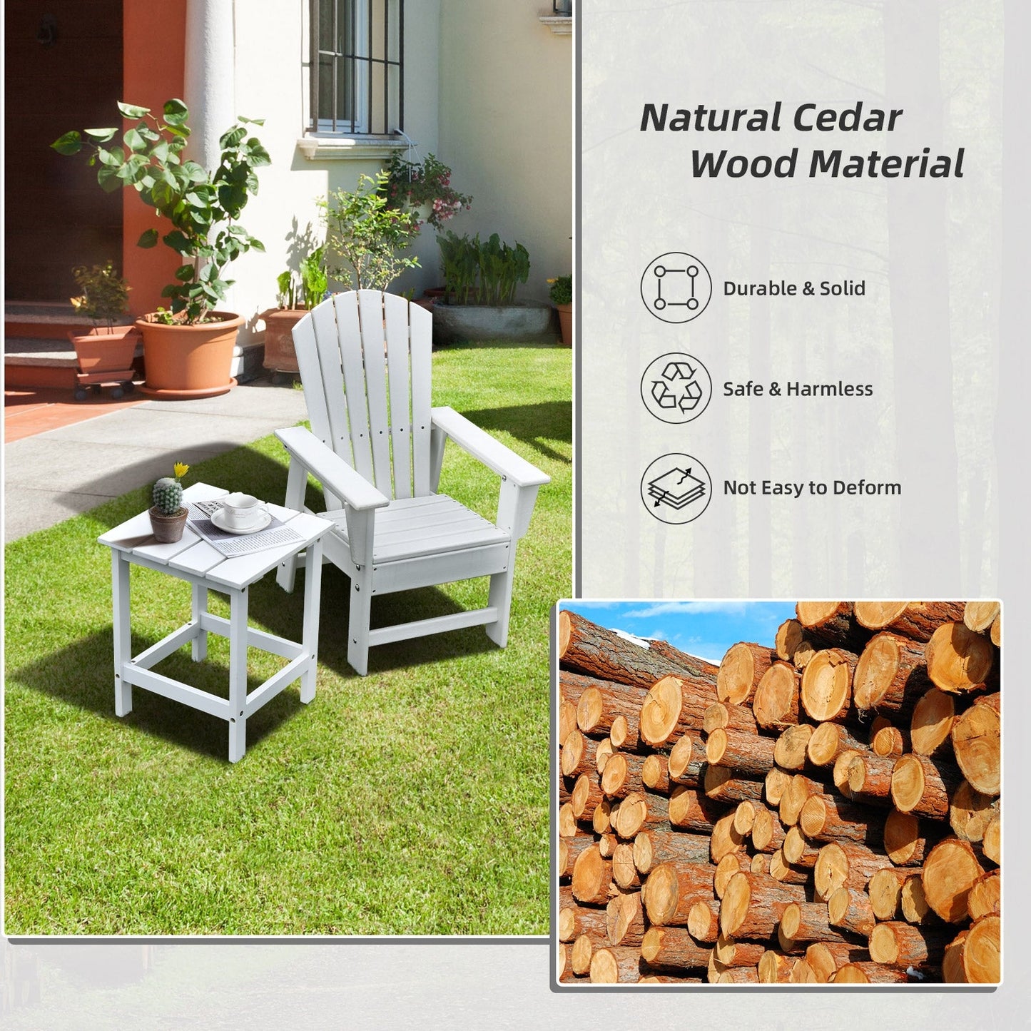 Mesa Auxiliar de Café Cuadrada de 15 Pulgadas con Listones de Madera para Patio/Jardín - Blanca
