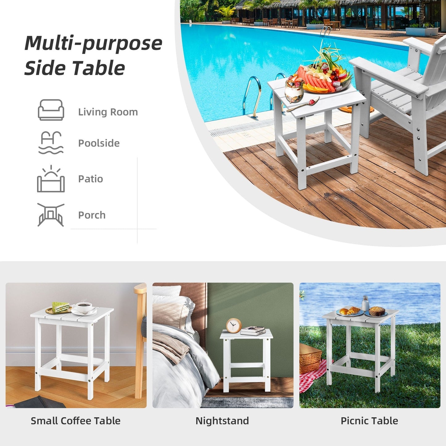 Mesa Auxiliar de Café Cuadrada de 15 Pulgadas con Listones de Madera para Patio/Jardín - Blanca