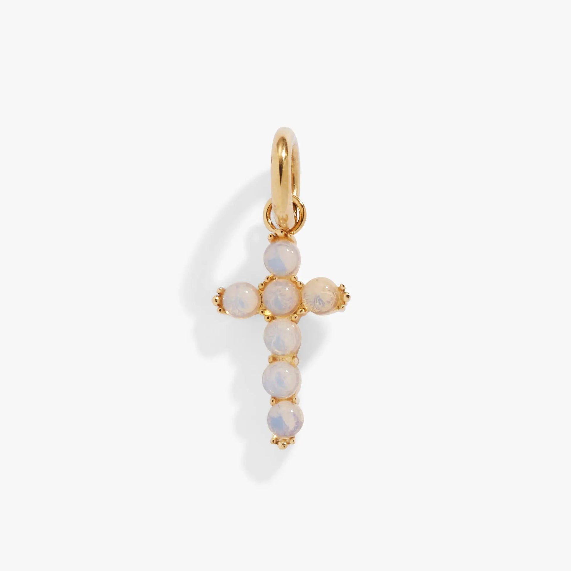 Opal Cross Interchangeable Charm by ALEX AND ANI, gold-tone pendant with pale blue opal beads on Tampa Home & Garden Store