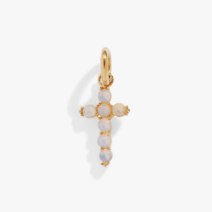 Opal Cross Interchangeable Charm by ALEX AND ANI, gold-tone pendant with pale blue opal beads on Tampa Home & Garden Store