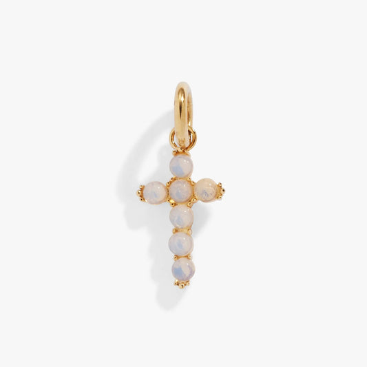 Opal Cross Interchangeable Charm by ALEX AND ANI, gold-tone pendant with pale blue opal beads on Tampa Home & Garden Store