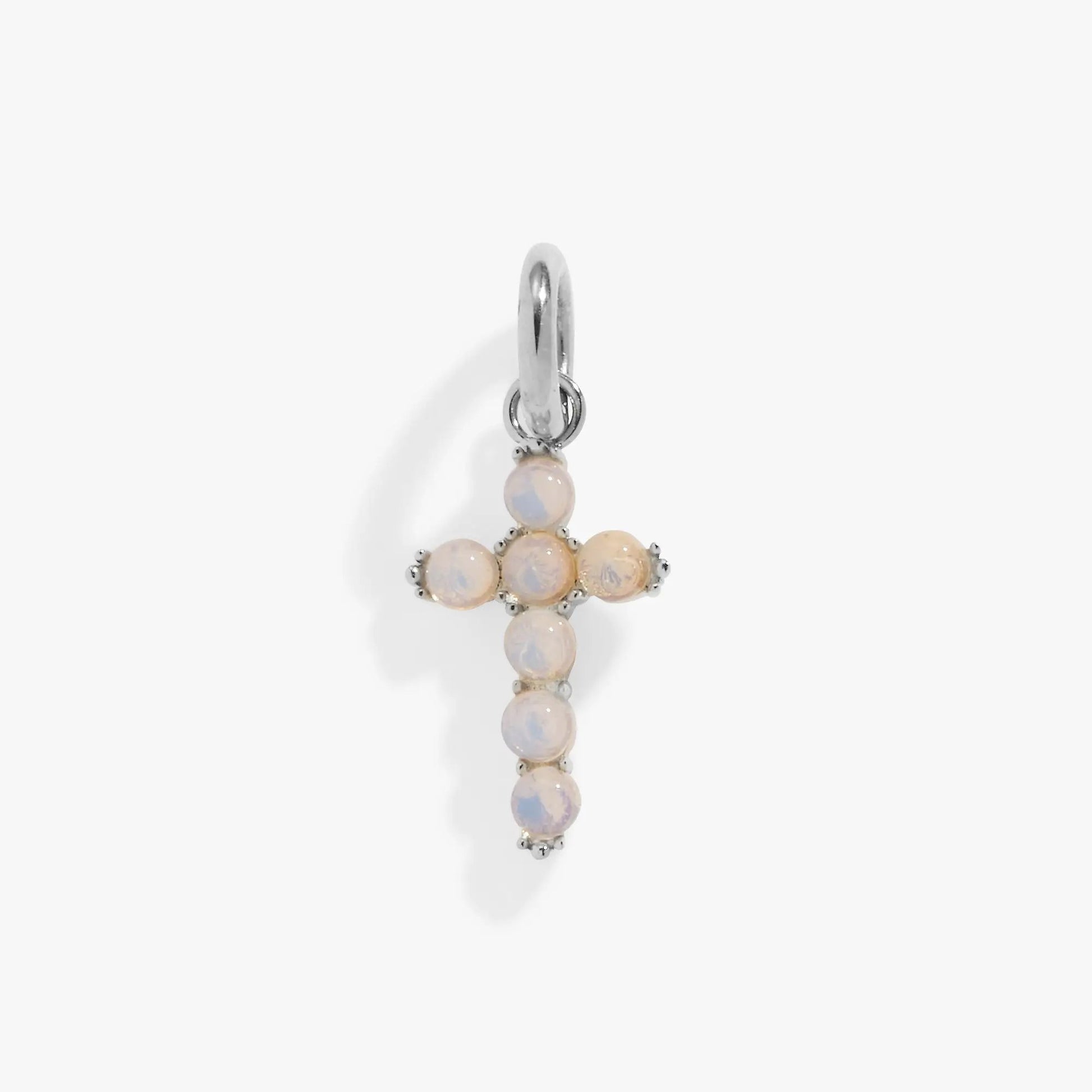 Opal Cross Interchangeable Charm pendant by ALEX AND ANI in silver with pale opal beads on Tampa Home & Garden Store