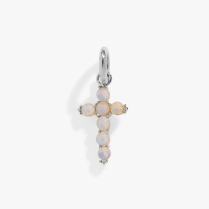 Opal Cross Interchangeable Charm pendant by ALEX AND ANI in silver with pale opal beads on Tampa Home & Garden Store