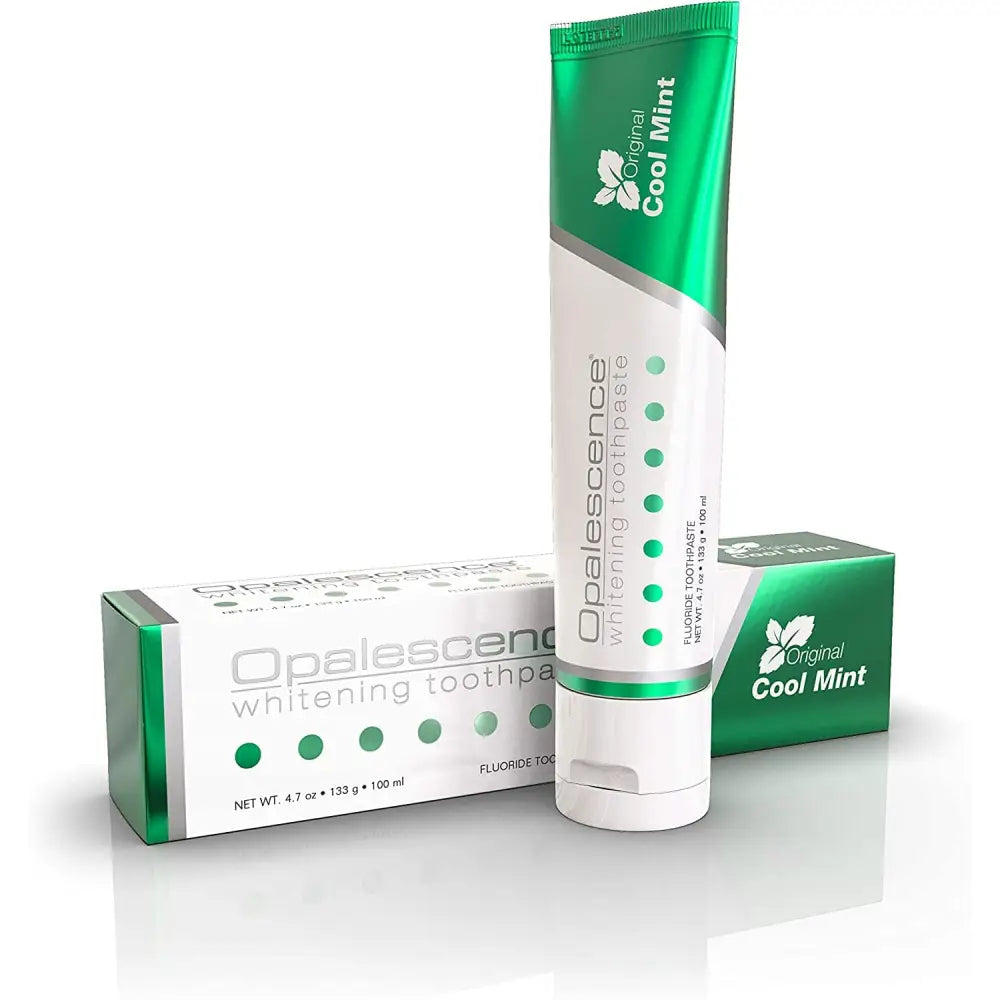 Opalescence whitening toothpaste tube with green mint accents beside two white boxes, 4.7 oz on Tampa Home & Garden Store