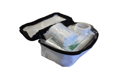 River Country Gear Pocket First Aid Kit in white nylon pouch with black zipper contents visible on Tampa Home & Garden Store