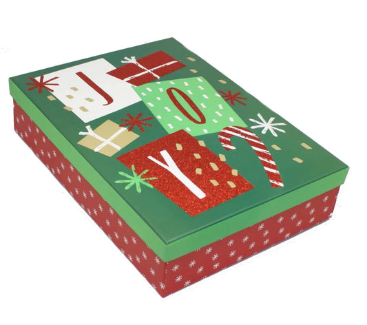 Rectangular gift box 13x9.5x2.9 with glitter lid, green top and red snowflake sides; hardboard on Tampa Home & Garden Store