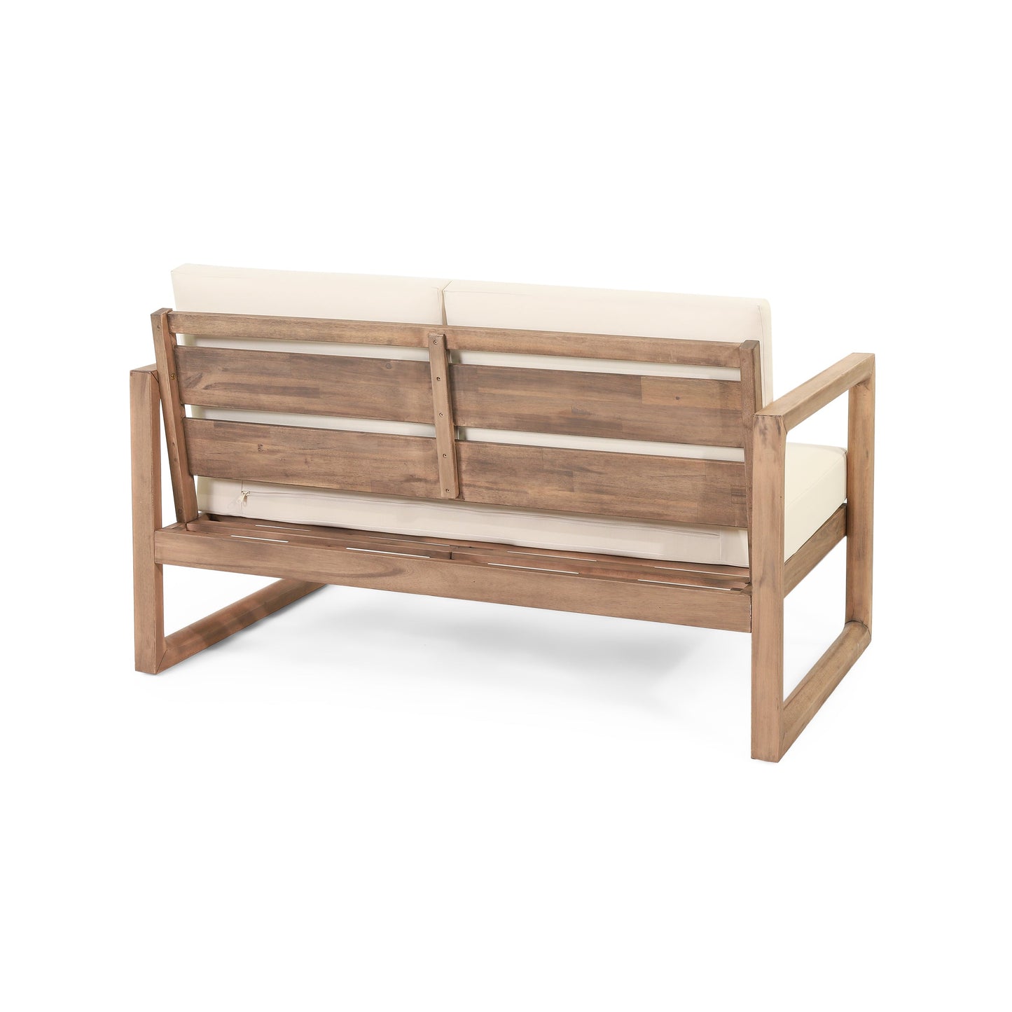 Outdoor acacia wood loveseat with beige cushions, wooden slat back and arms on Tampa Home & Garden Store