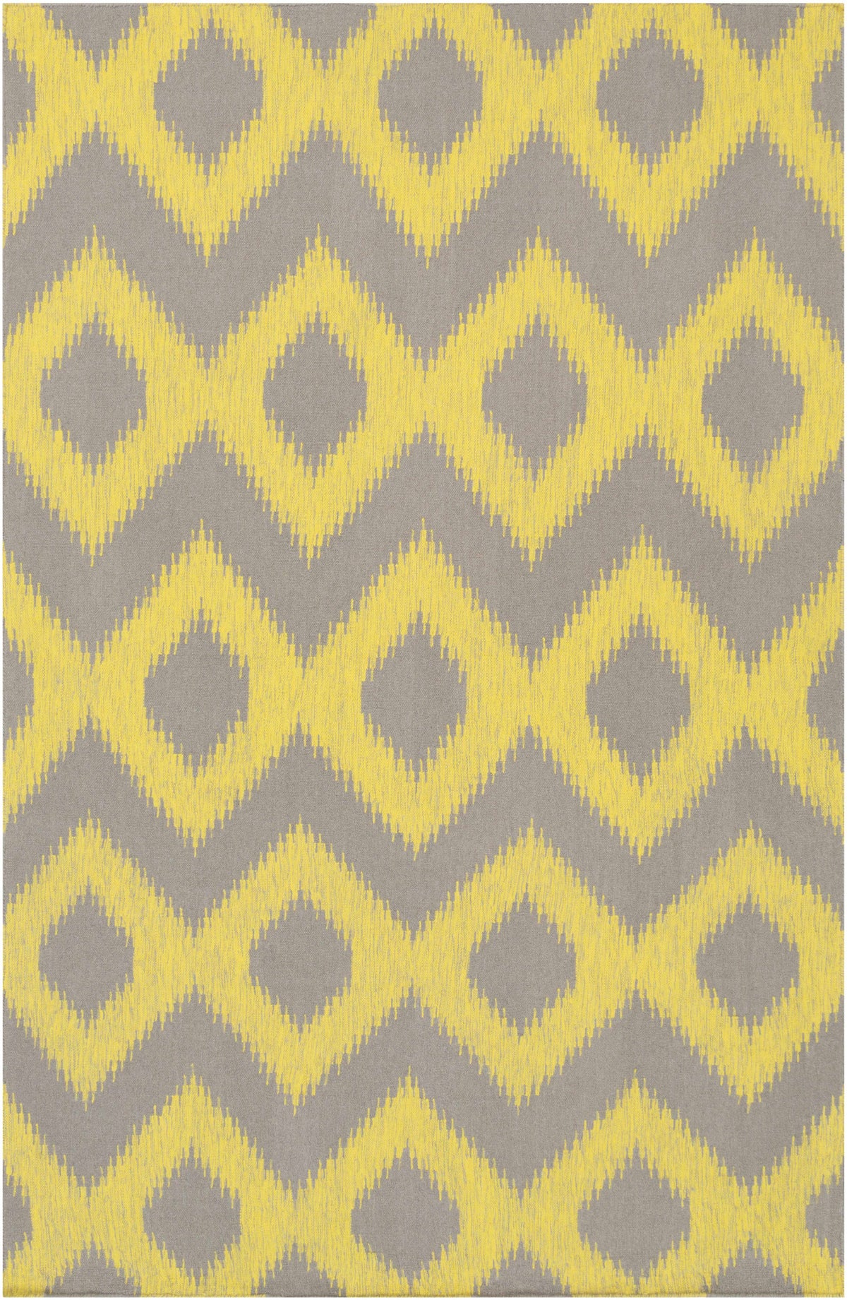 Boutique Rugs Oradell Yellow Ikat Wool Rug with gray field and bold yellow diamonds on Tampa Home & Garden Store
