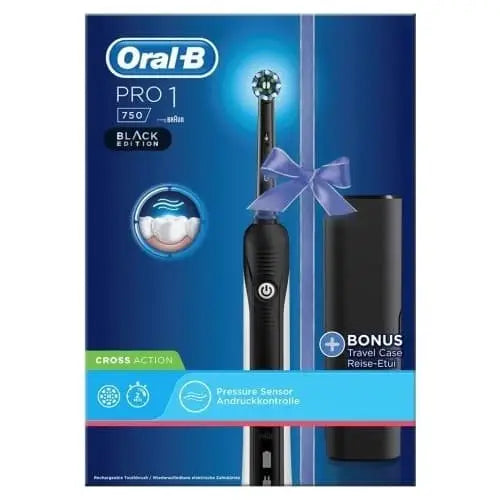 Oral-B PRO 1 750 Black Edition Cross Action Rechargeable Toothbrush with black handle and bonus travel case on Tampa Home & Garden Store
