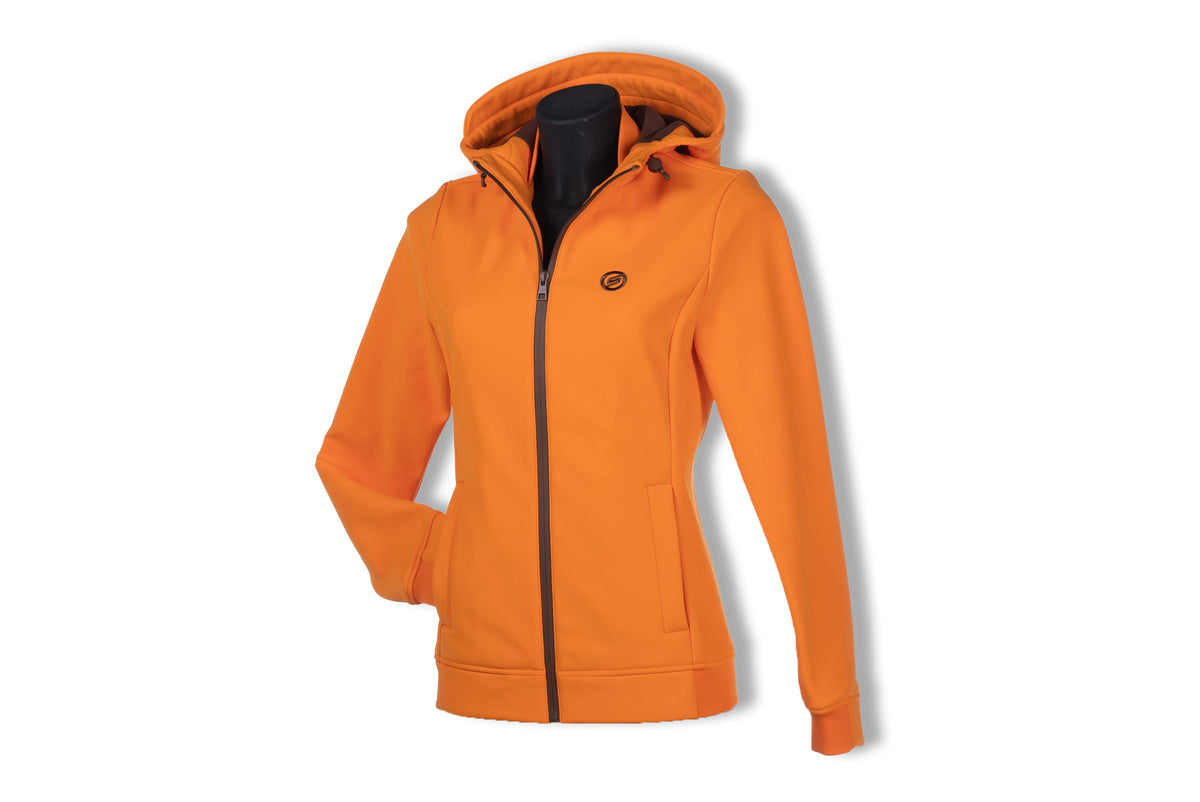 Suomy men's orange winter jacket with hood, full-zip front and logo patch by American Equus on Tampa Home & Garden Store