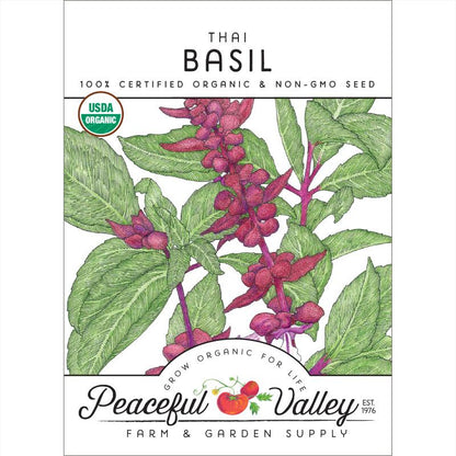 Thai Basil seeds packet with green leaves and purple stems, USDA Organic by Seedtime Store on Tampa Home & Garden Store