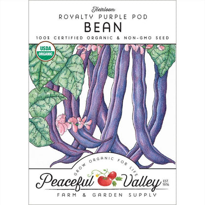 Royalty Purple Pod Bean seeds packet with purple pods and green leaves, Peaceful Valley on Tampa Home & Garden Store