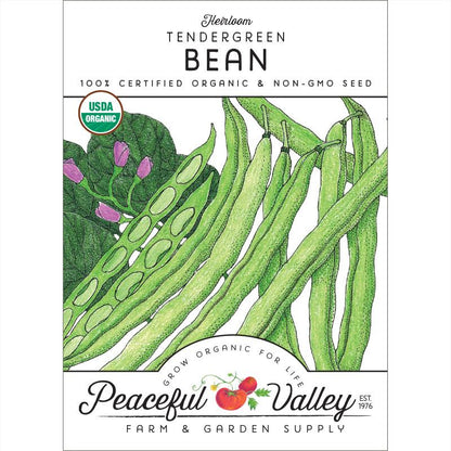 Tendergreen Bush Bean Seeds packet with green bean pods and USDA Organic seal, Peaceful Valley on Tampa Home & Garden Store