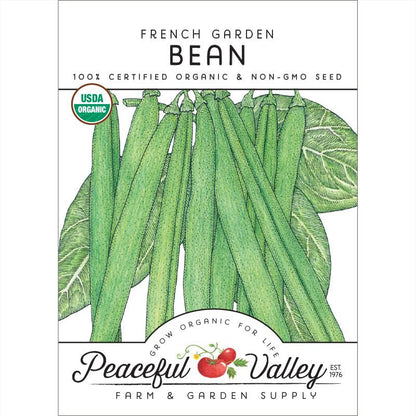 French Garden Bean seeds packet by Seedtime Store with USDA Organic badge and Peaceful Valley on Tampa Home & Garden Store