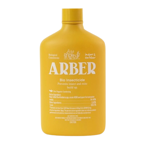 Organic Bio Insecticide bottle by Rooted Treasures Farms, ARBER brand, yellow plastic container on Tampa Home & Garden Store