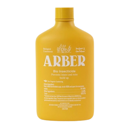 Organic Bio Insecticide bottle by Rooted Treasures Farms, ARBER brand, yellow plastic container on Tampa Home & Garden Store