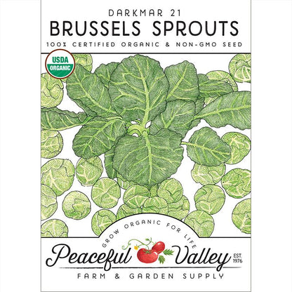 Darkmar 21 Brussels Sprouts seeds packet with USDA Organic seal on Peaceful Valley on Tampa Home & Garden Store