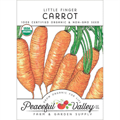 Little Finger Carrot seeds packet with orange roots and green tops; USDA Organic badge on Tampa Home & Garden Store