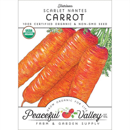 Carrot seeds Scarlet Nantes packet, Peaceful Valley brand, USDA Organic label on Tampa Home & Garden Store